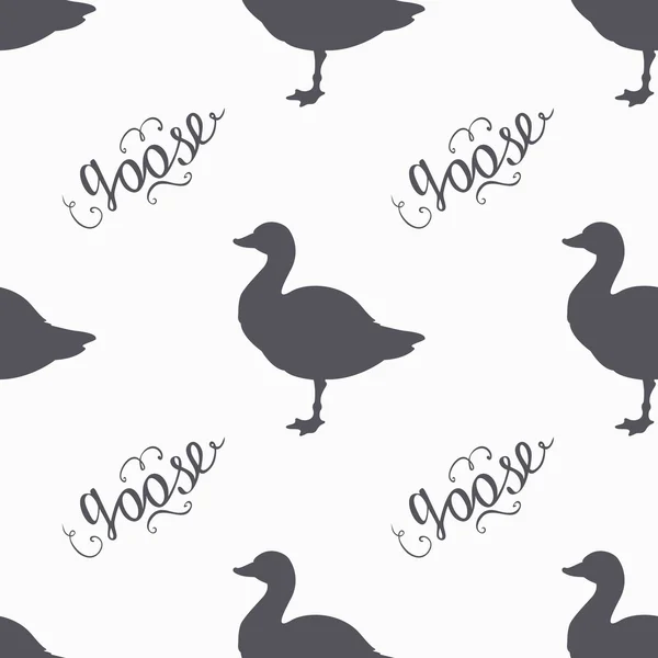 Pájaro de granja dibujado a mano siluetas hipster patrón sin costuras. Carne de ganso letras de mano — Archivo Imágenes Vectoriales