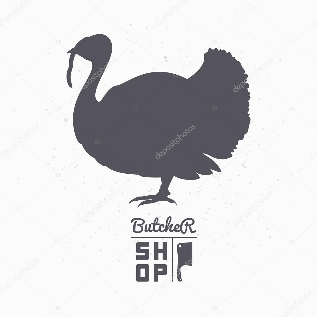 Farm bird silhouette. Turkey meat. Butcher shop logo template for craft food packaging or restaurant design. Vector illustration