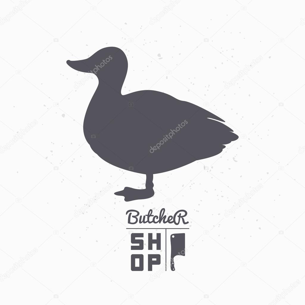 Farm bird silhouette. Duck meat. Butcher shop logo template for craft food packaging or restaurant design. Vector illustration