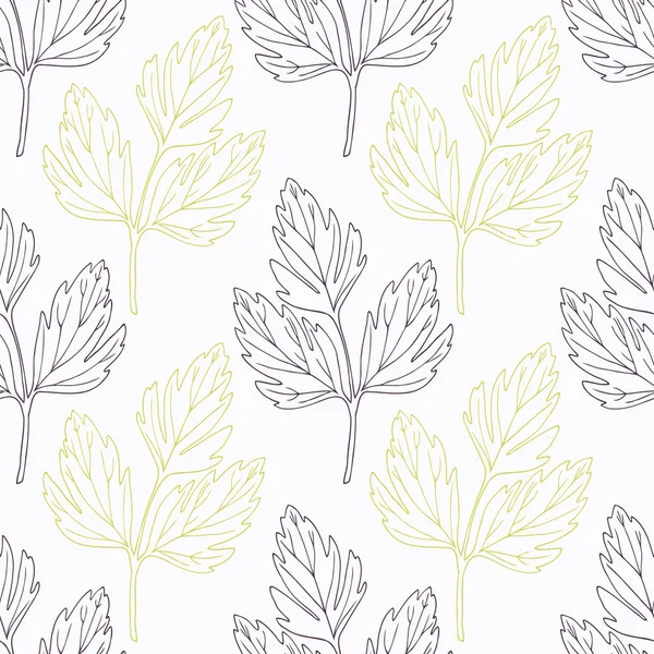 Hand drawn lovage branch wirh flowers stylized black and green seamless pattern — 스톡 벡터