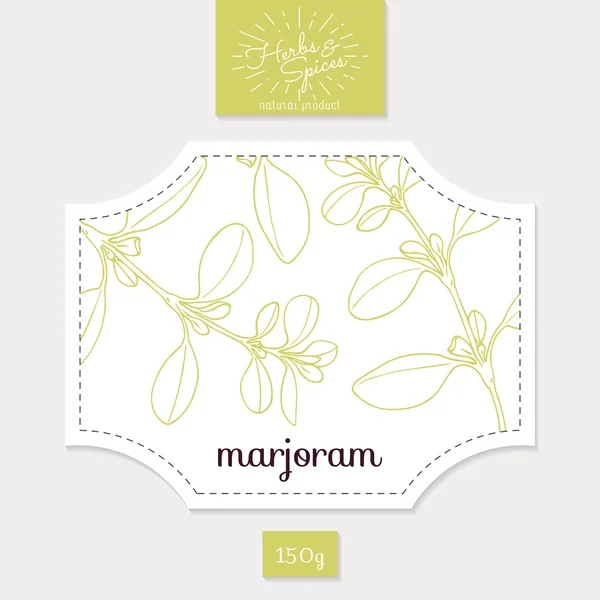 Product sticker met hand getrokken Marjolein bladeren. Pittige kruiden ontwerp van de verpakking — Stockvector