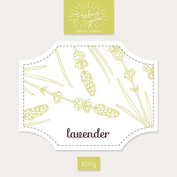 Product sticker met hand getrokken lavendel bladeren en bloemen. Pittige kruiden ontwerp van de verpakking — Stockvector