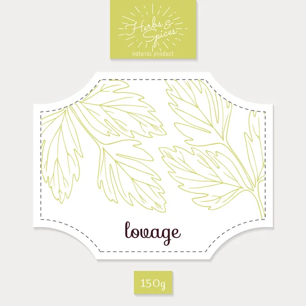 Etiqueta engomada del producto con hojas de amor dibujadas a mano. Diseño de empaquetado de hierbas picantes — Archivo Imágenes Vectoriales