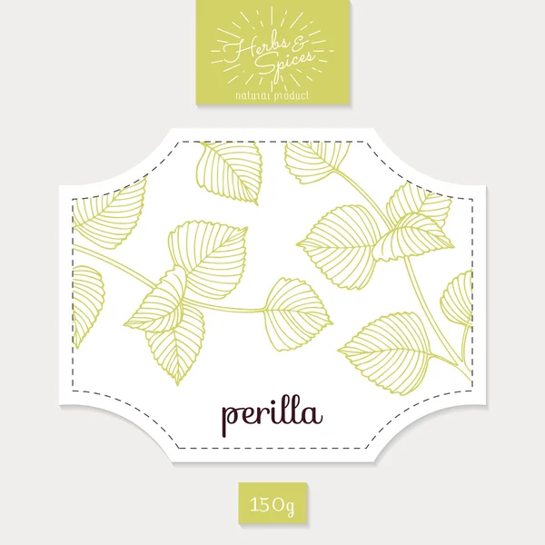 Product sticker with hand drawn perilla leaves. Spicy herbs packaging design — Stock Vector