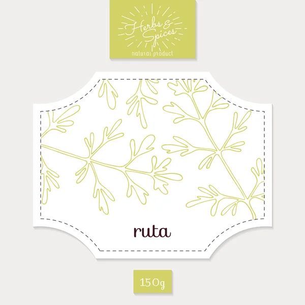 Product sticker with hand drawn ruta or rue. Spicy herbs packaging design — Stock Vector