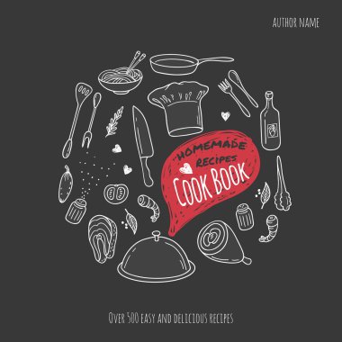 Cook book cover with hand drawn food illustrations. Culinary background