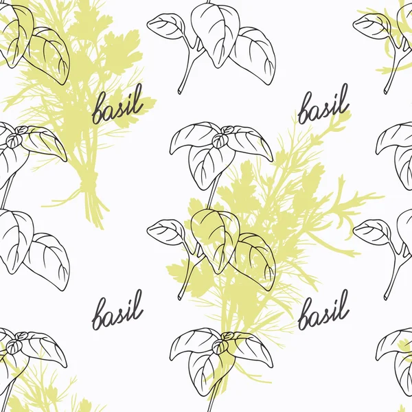 Hand drawn basil branch and handwritten sign. Spicy herbs seamless pattern. Doodle kitchen background — 스톡 벡터