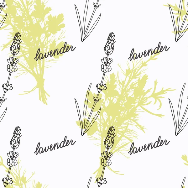 Handgezeichneter Lavendelzweig und handschriftliches Zeichen. würzige Kräuter nahtlose Muster. Doodle Küche Hintergrund — Stockvektor