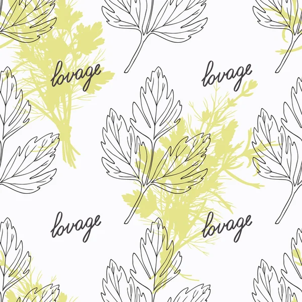 Hand drawn lovage branch and handwritten sign. Spicy herbs seamless pattern. Doodle kitchen background — 스톡 벡터