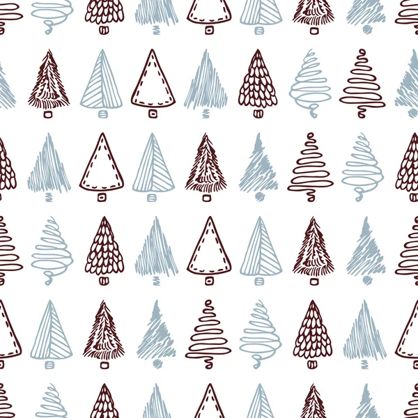 Seamless pattern with hand drawn different christmas trees. Doodle holiday background — Stok Vektör