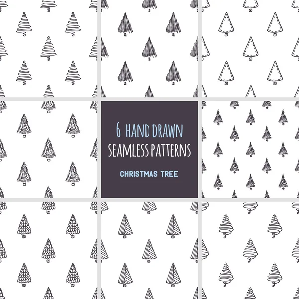 Collection of seamless patterns with hand drawn christmas tree. Doodle holiday background
