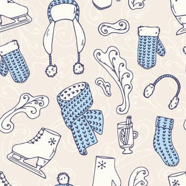 Elle çizilmiş kış aksesuarları seamless modeli. Noel dekoratif arka plan
