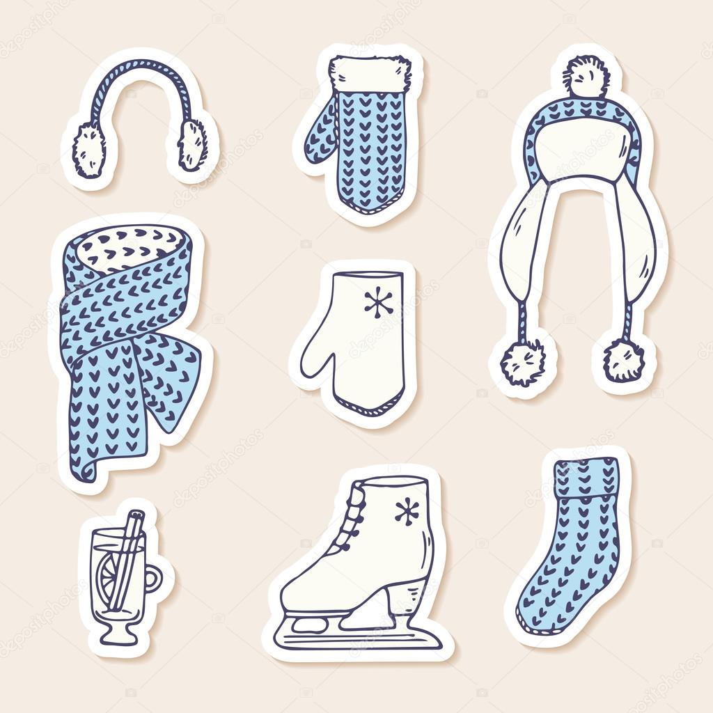 Set of winter stickers. Hand drawn knitted accessories. Cute clip art