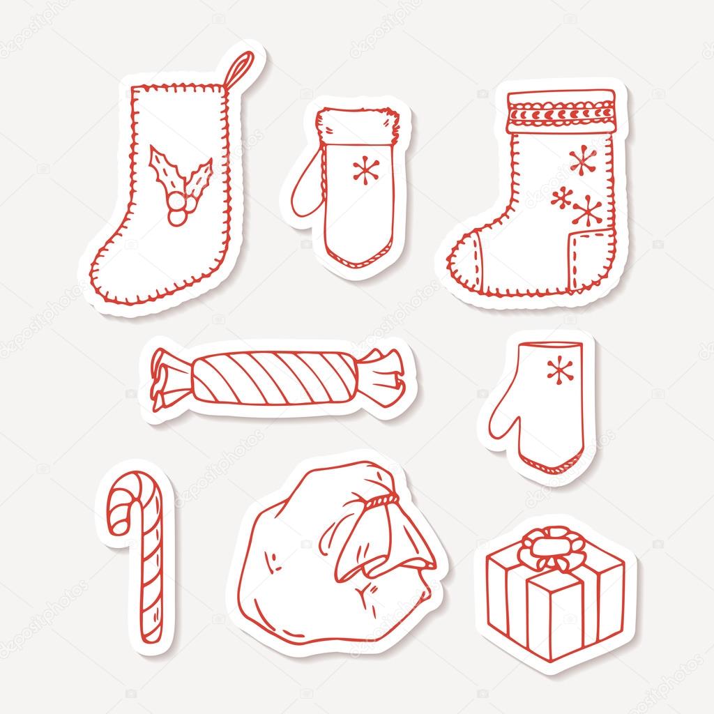 Set of hand drawn outline christmas stickers Doodle holiday decorative clip art Vector illustration — Vector by stuja