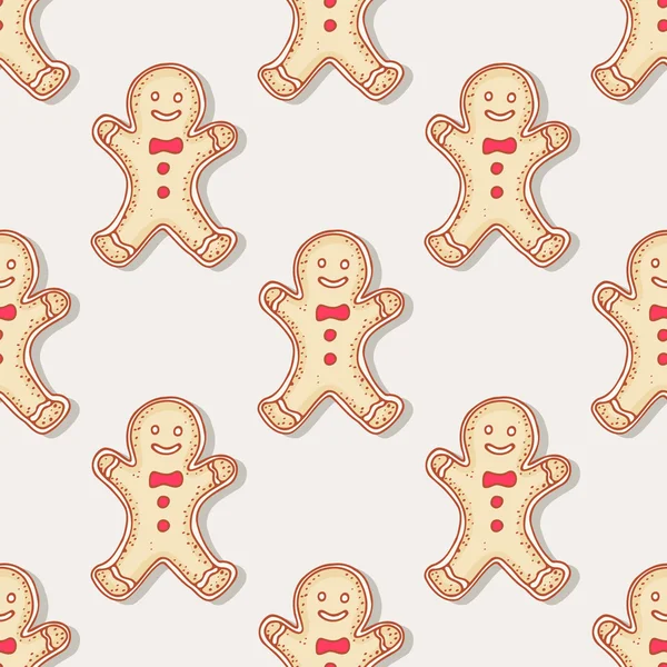 Hand getekend Kerstmis gingerbread man cookies naadloze patroon — Stockvector