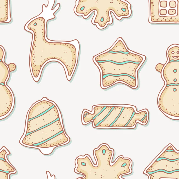 Hand getrokken peperkoek cookies naadloze patroon. Winter snoep — Stockvector