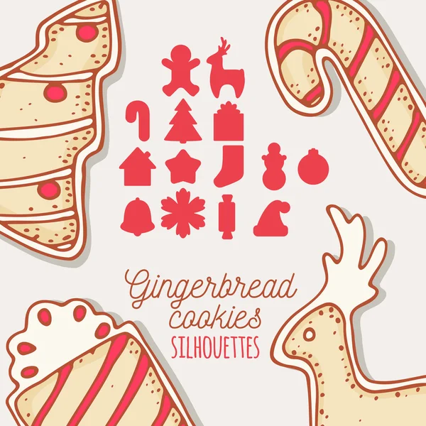 クリスマス シルエット アイコンのコレクション。ジンジャーブレッド クッキー フォーム。手描き食品 — ストックベクタ