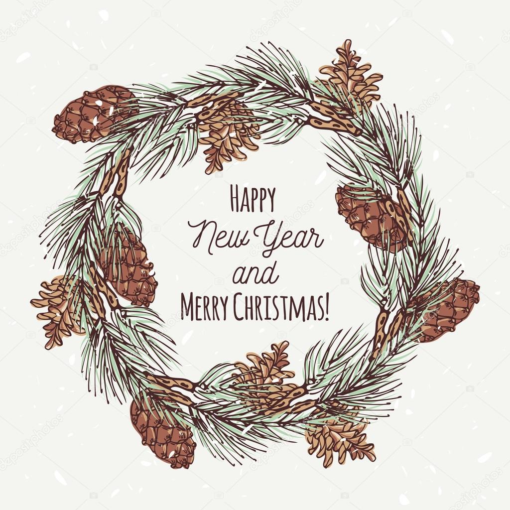 Christmas greeting card with hand drawn wreath and pine cone