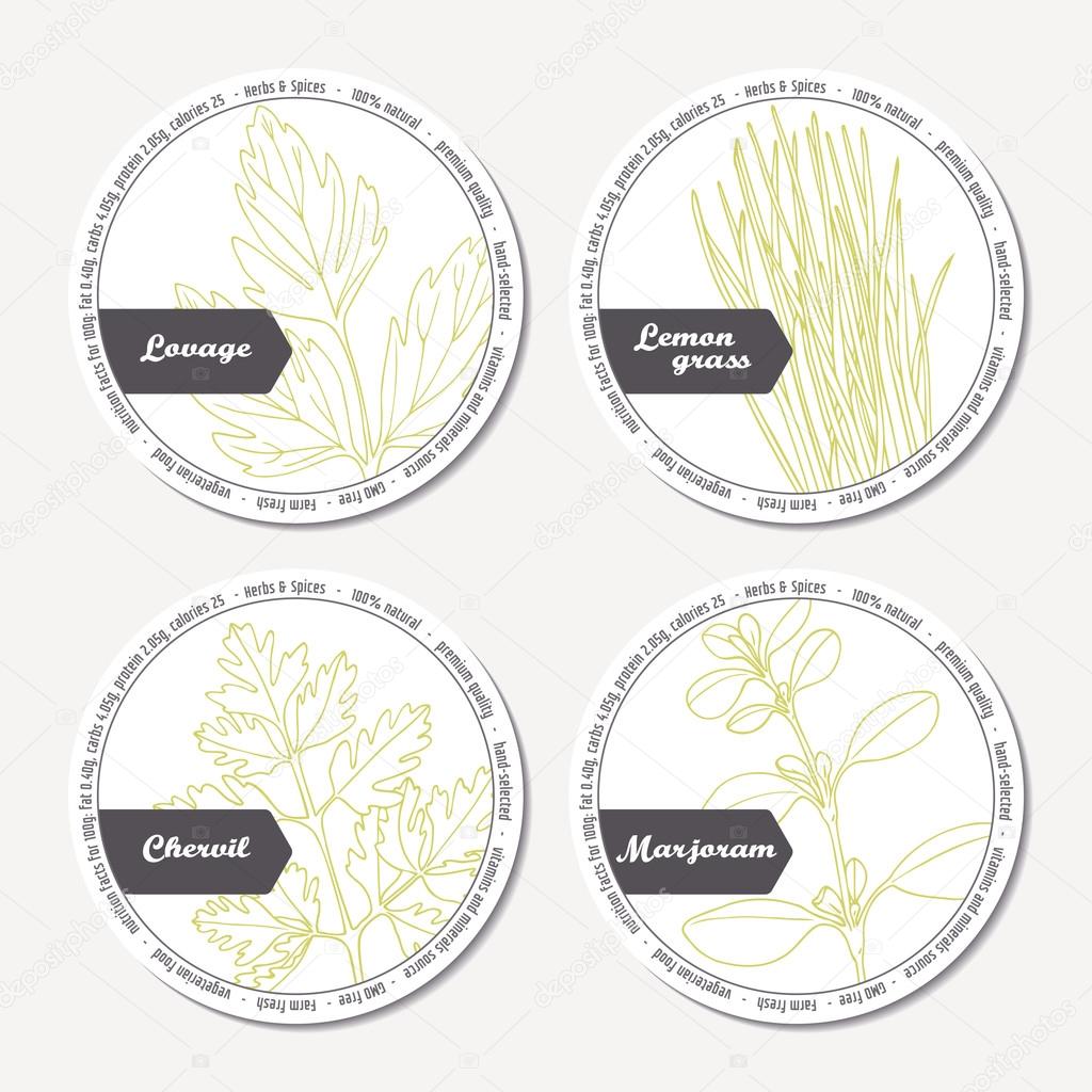 Set of stickers for package design with lovage, lemongrass, chervil, marjoram