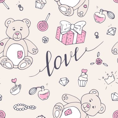 Sevgililer günü seamless modeli oyuncak ayı, tatlılar ve aşk el ile işaret çizilmiş