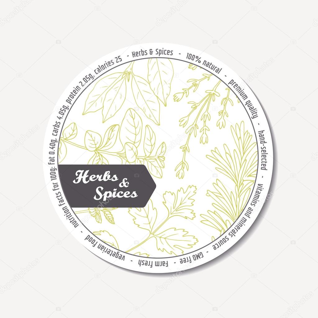 Sticker for package design with hand drawn spicy herbs. Label template