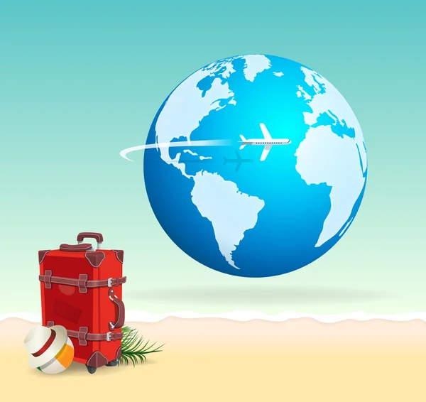Sunny Beach Tatil için dünya ile üzerinde kırmızı seyahat bavul