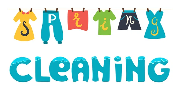 Spring cleaning. Vector banner illustration. Wash the clothes drying on the clothesline. — Stockový vektor