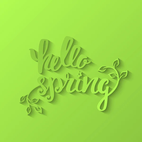 Hallo Frühling. Handschrift, kalligraphische Inschrift mit Frühlingsblättern. — Stockvektor