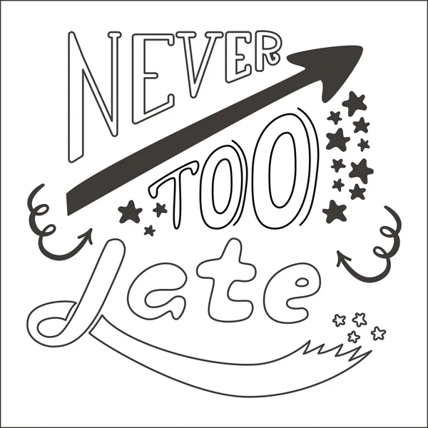 Never too late. The poster with a motivational phrase. Hand lettering phrase. — Stock Vector