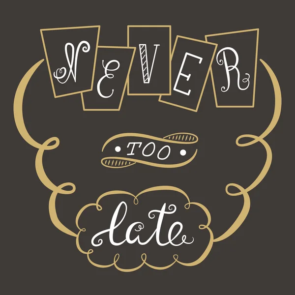 Never too late. The poster with a motivational phrase. Hand lettering phrase. — Stock Vector