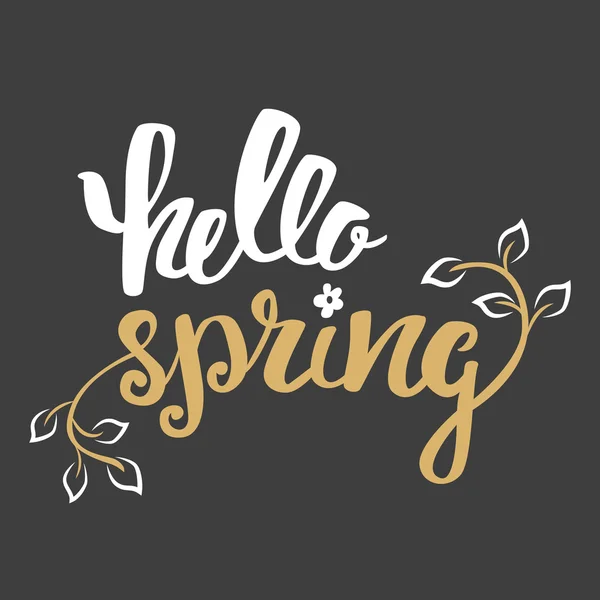 Hello Spring. Hand lettering, calligraphy inscription with spring leaves. — Stock Vector