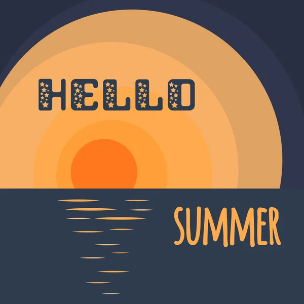 Hej sommar. Inskriften på bakgrunden av en sommar solnedgång över havet. — Stock vektor