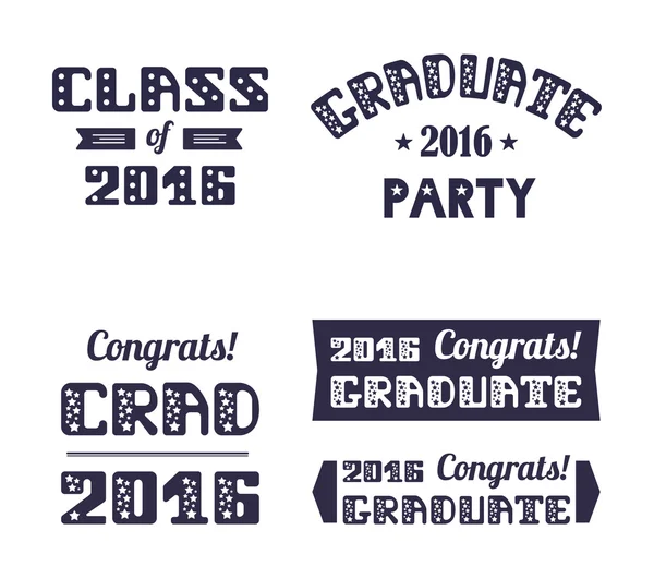 Graduation2016 emblemen set. Middelbare School, College afstuderen Set. Vector typografie. — Stockvector