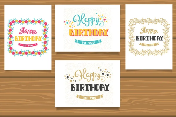 Happy Birthday. A set of templates for birthday cards. Hand lettering in flower frame. — Stock Vector