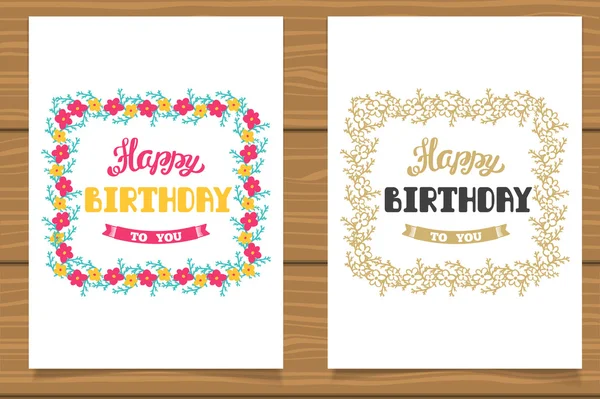 Happy Birthday. A set of templates for birthday cards. Hand lettering in flower frame. — Stock Vector