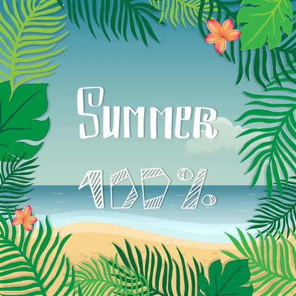 Hallo zomer. Zomer vectorillustratie hand belettering. De bladeren van de palmbomen en tropische bloemen op een achtergrond van de zeekust. — Stockvector