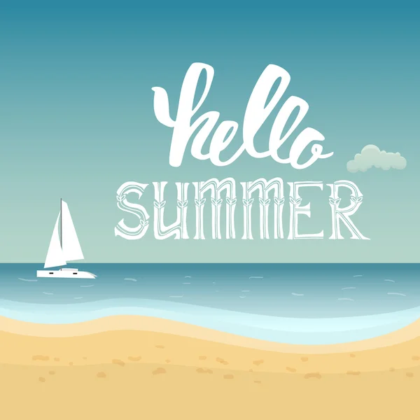 Hej sommar. Vektor sommaren illustration sidan bokstäver. Mot bakgrund av havet och Lustjakt. — Stock vektor
