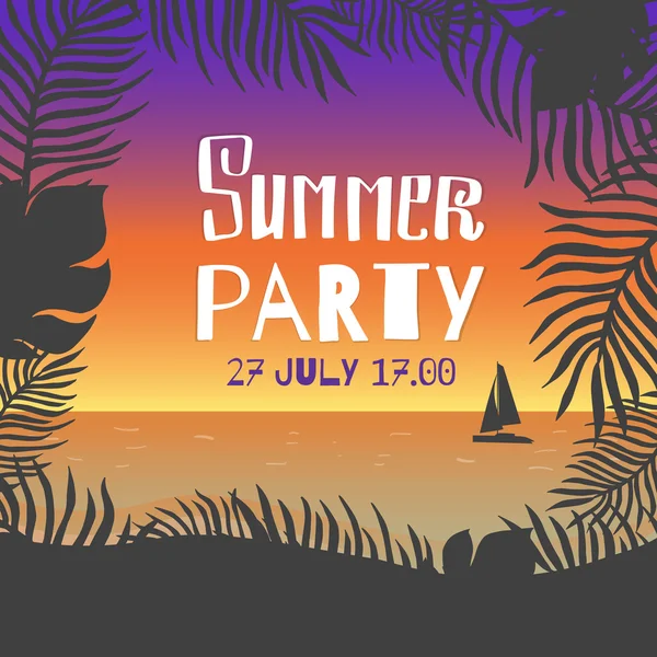 Sommerfest. Vektor-Posterblätter von Palmen und tropischen Blumen auf dem Hintergrund der Meeresküste während des Sonnenuntergangs über dem Meer. — Stockvektor