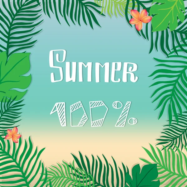 Hej sommar. Vektor sommaren illustration sidan bokstäver. Bladen av palmer och tropiska blommor på en bakgrund av kusten. — Stock vektor