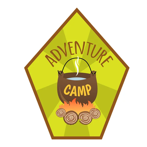 Campo de Aventura. Logotipo do acampamento turístico. Panela turística pendurada sobre o fogo — Vetor de Stock