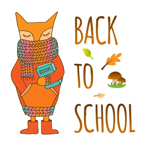 Back to school. Doodle fox in a scarf and with a book in his hands. Hand drawn illustrations — Stock Vector