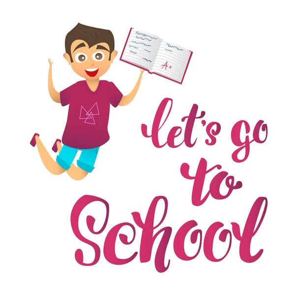 Vamos a la escuela. Feliz niño lindo personaje salta alegremente y sostiene el cuaderno de la escuela con excelentes marcas — Vector de stock