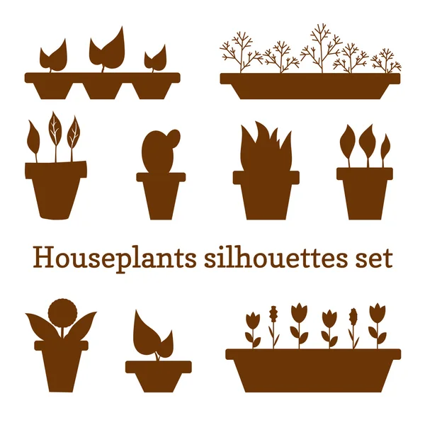 Houseplants siluet set, bitkiler, tencere — Stok Vektör