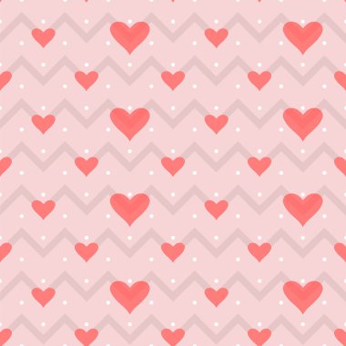 Seamless modeli küçük noktadan oluşan, gri zikzak kalpler pembe bir arka plan üzerinde