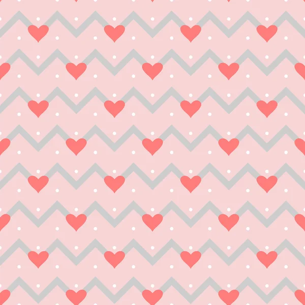 Nahtlose Muster kleine Punkte, graue Zickzack-Herzen auf rosa Hintergrund — Stockvektor