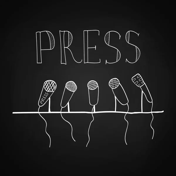 Desenho conferência de imprensa emblema, uma série de microfones, imprensa —  Vetores de Stock