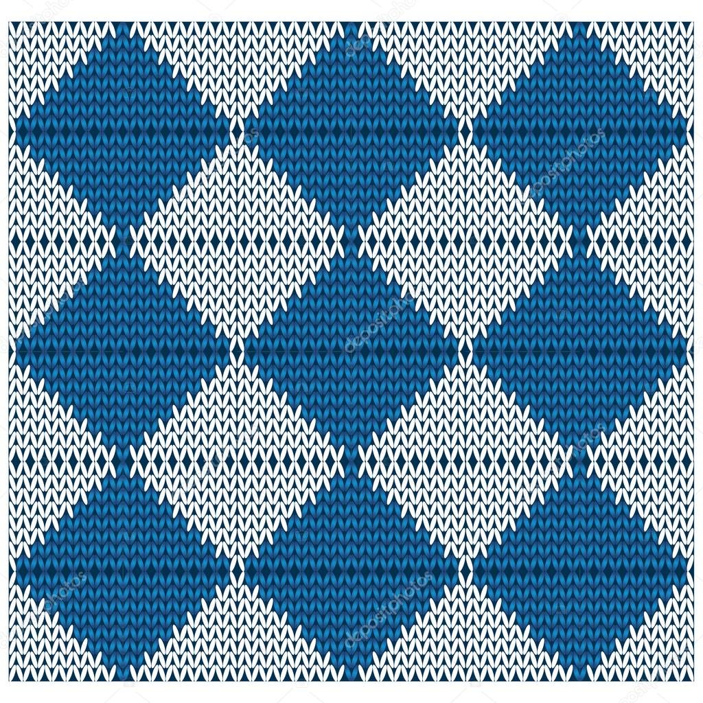 knitted seamless pattern of blue and white rhombuses