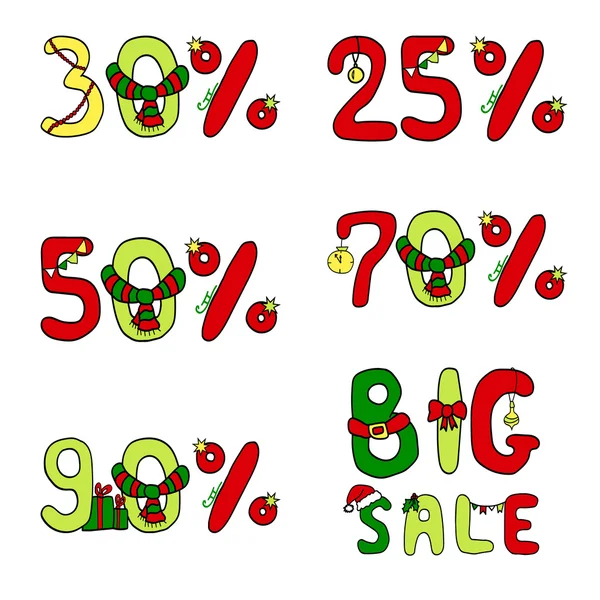 Kerstmis icon set voor verkoop met symbolen procent korting — Stockvector