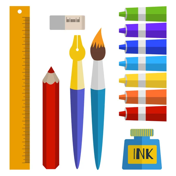 Набор инструментов и материалов для рисования. краски в трубах, кисти, перо, чернила, карандаш — стоковый вектор