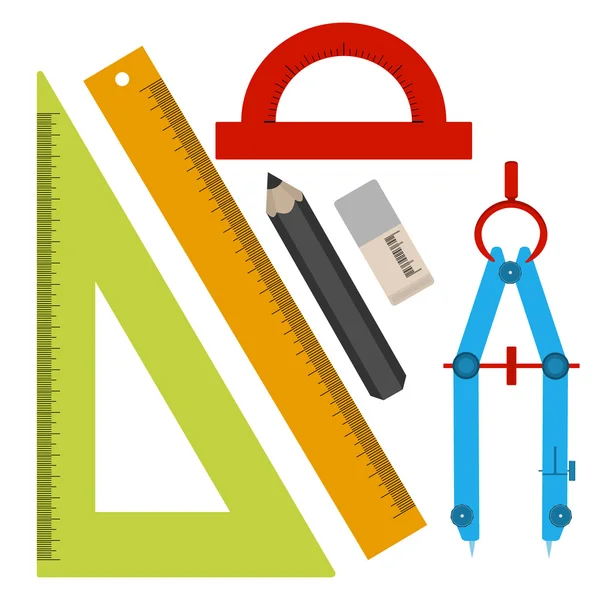 Set van instrumenten voor schetsen, line, vierkant, potlood, gum, kompas, gradenboog. In de stijl van een platte ontwerp. — Stockvector